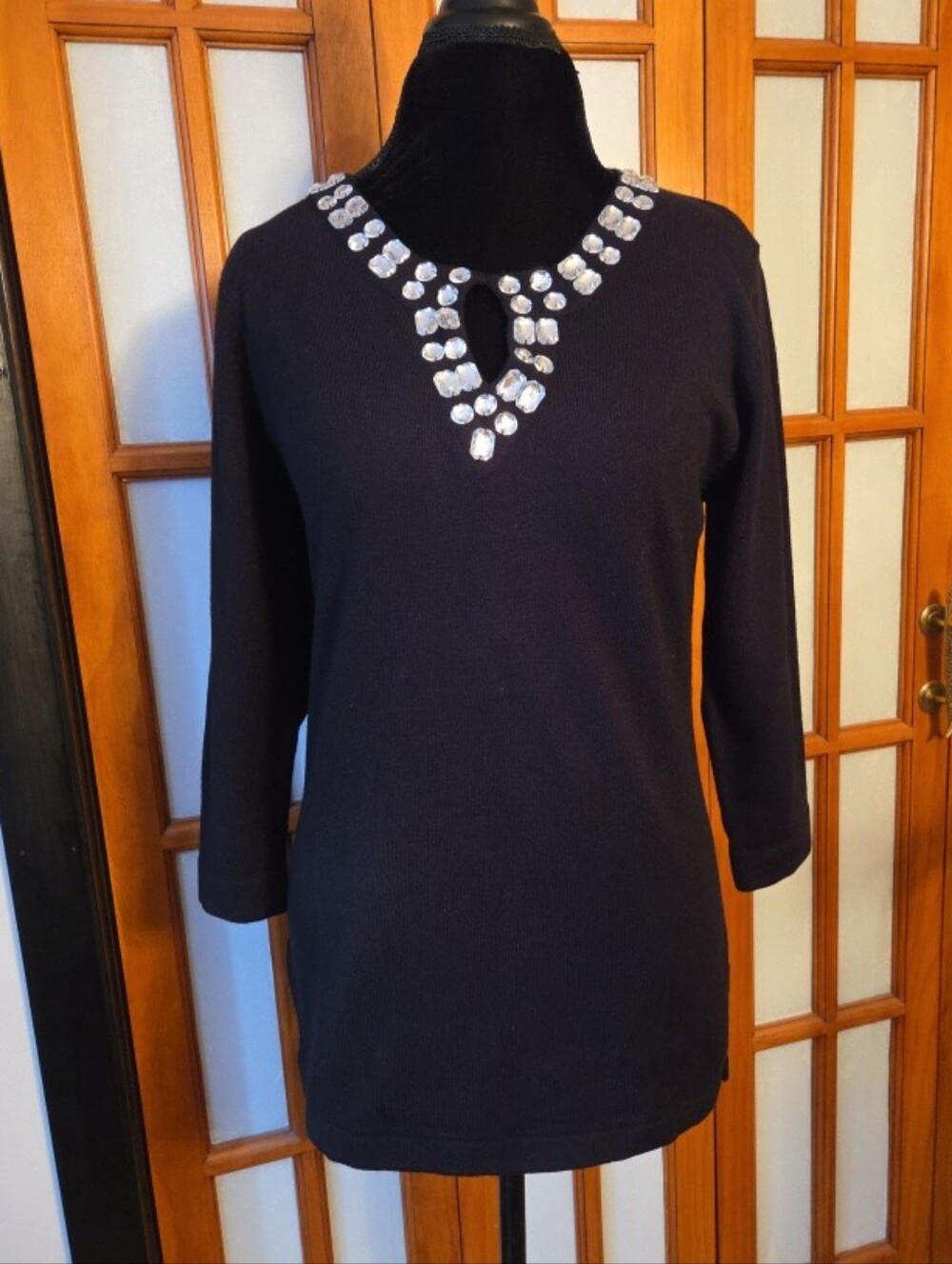 Women's Black Jewel-Neck 3/4 Sleeve Pullover Top By Cathy Daniels, Sz S